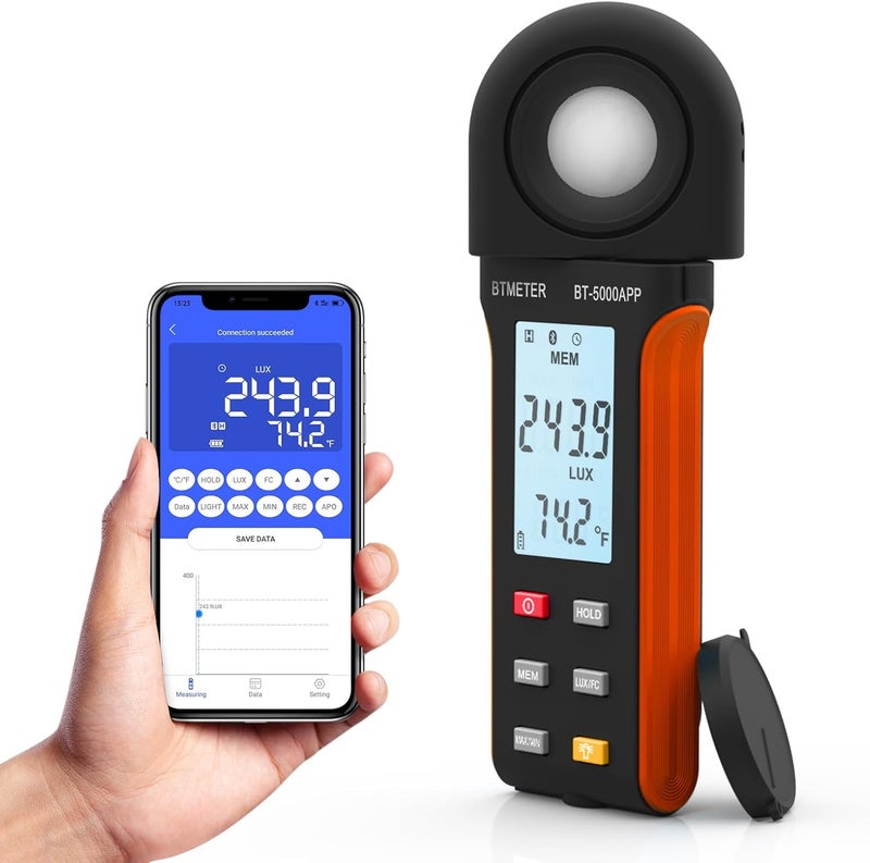 BTMETER Illuminance Light Meter w/Bluetooth - Digital Lumen Tester Measure Lighting Level Intensity 1~400,000 Lux(Foot Candle 1~37,160) Luxometer with 270º Rotated Sensor Data Logging for Plants Grow - Image 1